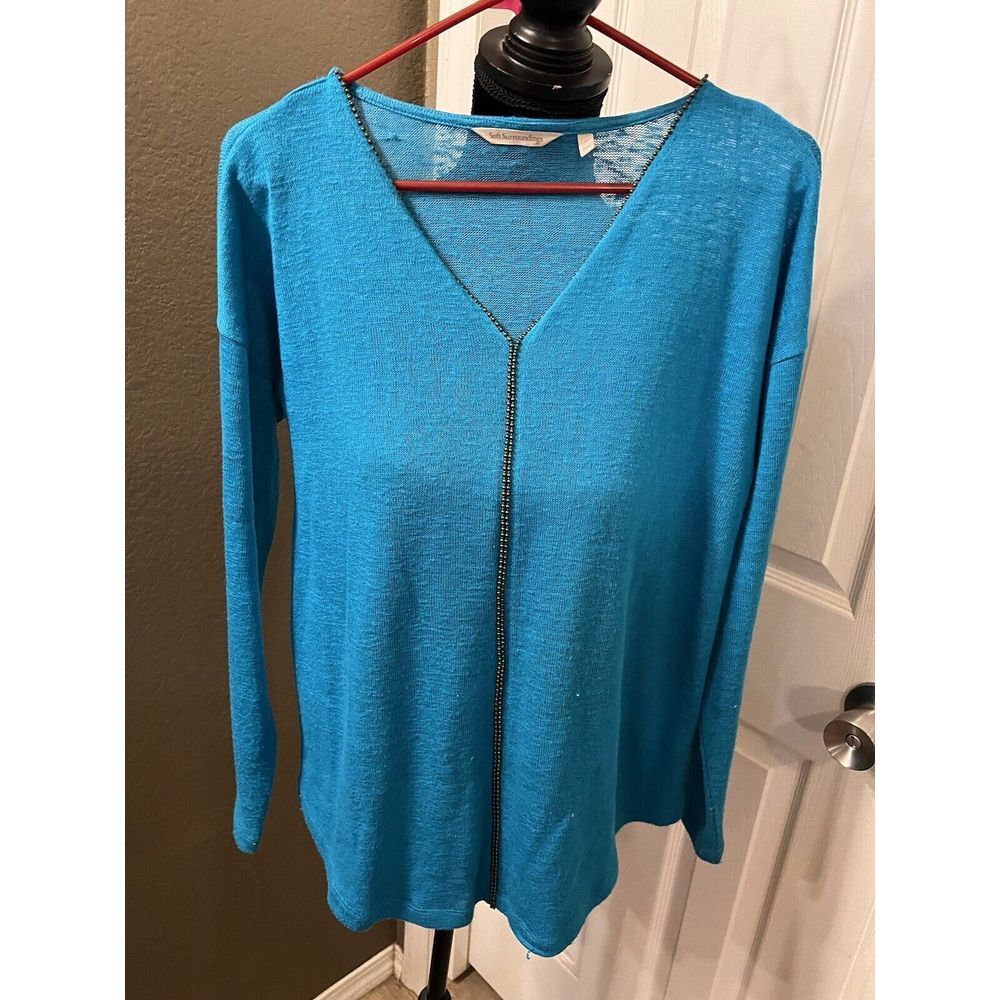 Soft Surroundings OKKO Women's Medium Blue Knit V-Neck Pullover Sweater